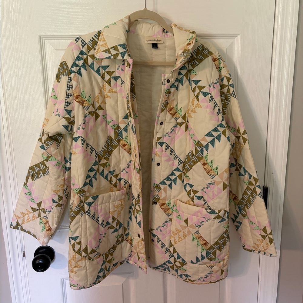 Universal Thread Cream Quilted Jacket with Pink, Green & Tan Geometric Print